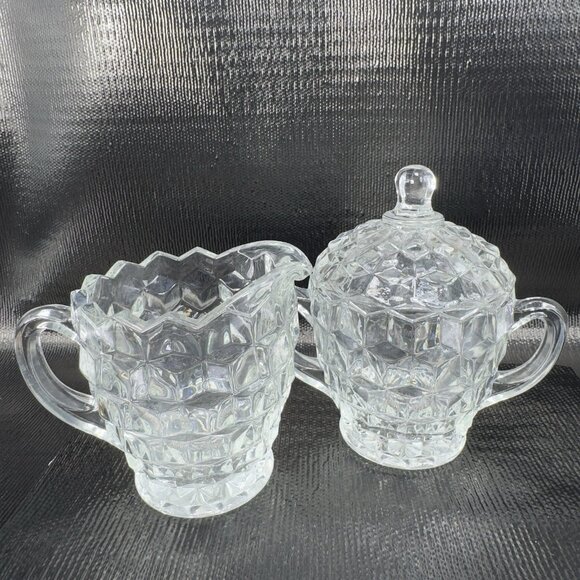 Vintage Fostoria American Clear Cream and Sugar Bowl with Lid Set Glassware VTG - Picture 1 of 12